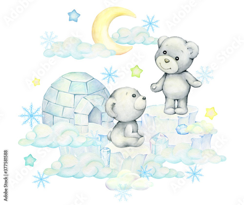 Polar bears  on ice floes  in clouds. Watercolor postcard  done in cartoon style on isolated background.