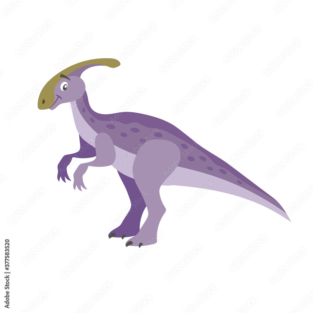 Fototapeta premium Cartoon dinosaur parasaurolophus. Flat cartoon style drawing. Best for kids dino party designs. Prehistoric Jurassic period character. Vector illustration isolated on white.