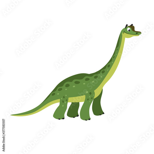 Cartoon brachiosaurus dinosaur. Diplodocus. One of the highest dino in comic style.  Best for kids dino party designs. Prehistoric Jurassic period character. Vector illustration isolated on white.