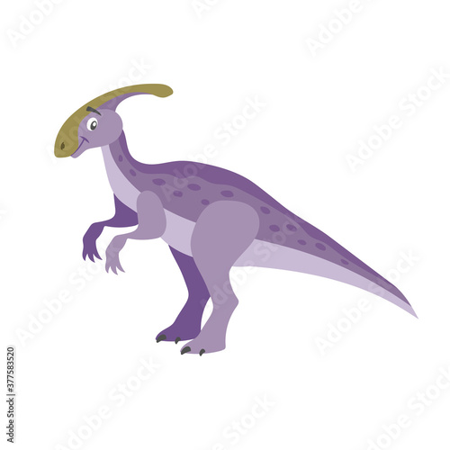 Cartoon dinosaur parasaurolophus. Flat cartoon style drawing. Best for kids dino party designs. Prehistoric Jurassic period character. Vector illustration isolated on white.