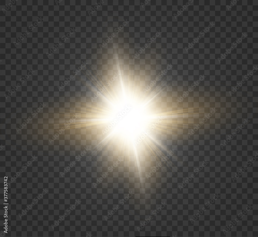 White glowing light explodes on a transparent background. Bright Star. Transparent shining sun, bright flash. Vector graphics.	