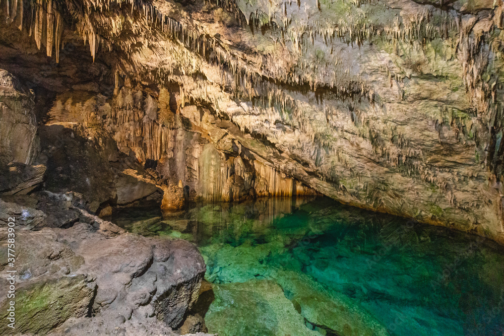 lake in a cave with rock formation on the roof