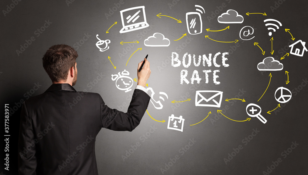 businessman drawing social media icons with BOUNCE RATE inscription, new media concept businessman drawing social media icons with BOUNCE RATE inscription, new media concept