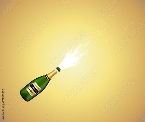Champagne bottle spraying on gold background. Vector illustration.