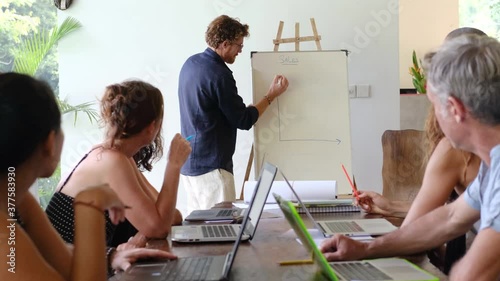 Diverse group of people having business meeting, seminar or presentation outdoor in tropical conference. Team members listening attentively to a cheerful speaker holding a presentation about sales