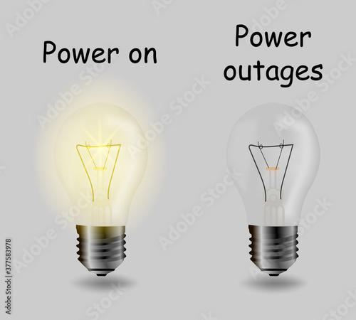Design for icon, banner, notification enable and disable electricity. On which two lamps are depicted, one burning second off, with two inscriptions "power on" and "power outages" (black out).