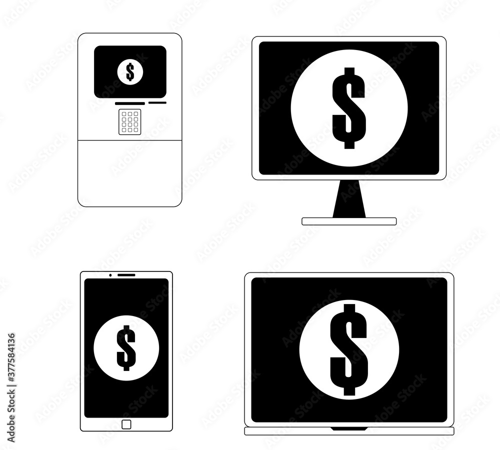 icons of methods of payment and storage of money savings through various electronic devices, phone, laptop, computer, ATM icons of methods of payment and storage of money savings through various electronic devices, phone, laptop, computer, ATM