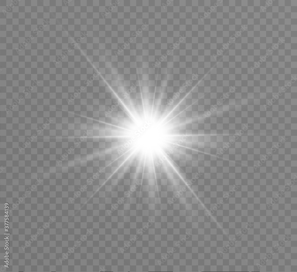 White glowing light explodes on a transparent background. Bright Star. Transparent shining sun, bright flash. Vector graphics.	 - obrazy, fototapety, plakaty 