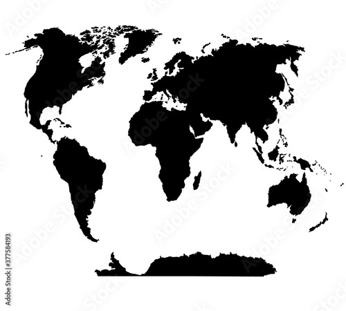 Black silhouette of a world map on a white background, web icon, real