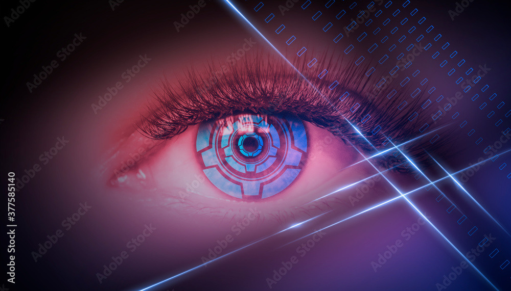 Obraz premium Close-up biometric scan of a female eye. The concept of modern virtual reality. Neon light, cyber background.