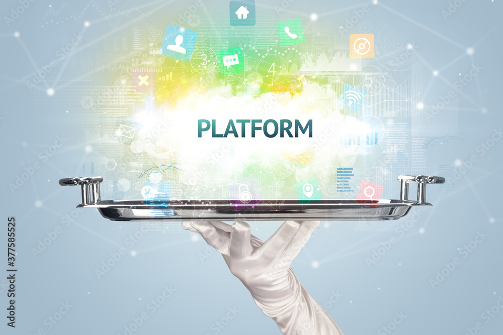 Waiter serving social networking concept with PLATFORM inscription Waiter serving social networking concept with PLATFORM inscription