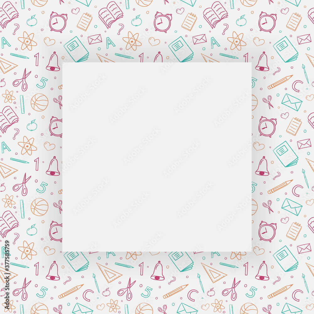 School background with empty frame and funny doodles. Vector
