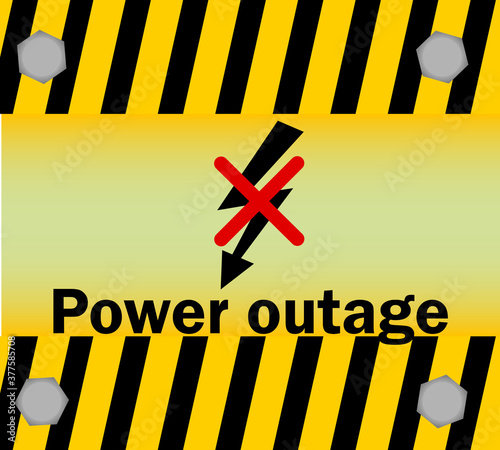 power outage icon banner, black inscription with lightning crossed out by a red cross  on a background of yellow-black bolted, industrial style