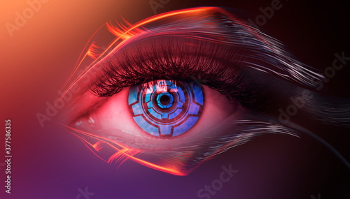 Close-up biometric scan of a female eye. The concept of modern virtual reality. Neon light, cyber background.