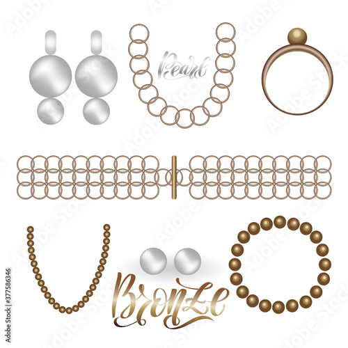 Jewelry bronze vintage fashion realistic set on white background 