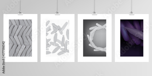 Realistic vector layouts of A4 format mockup design templates for brochure, flyer, cover design, book, magazine, brochure, poster. Feathers, birds plumage in abstract style. Graphic pattern.