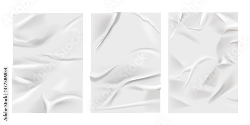 Crumpled poster, glued realistic paper wrinkled effect. Badly wet glued paper with crumpled and greased wrinkles texture, isolated blank templates set, badly glued white paper - for stock