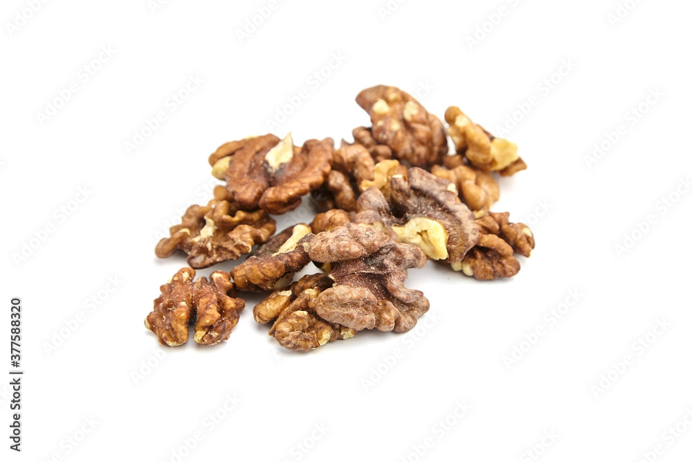 Dry walnut kernels isolated on white background