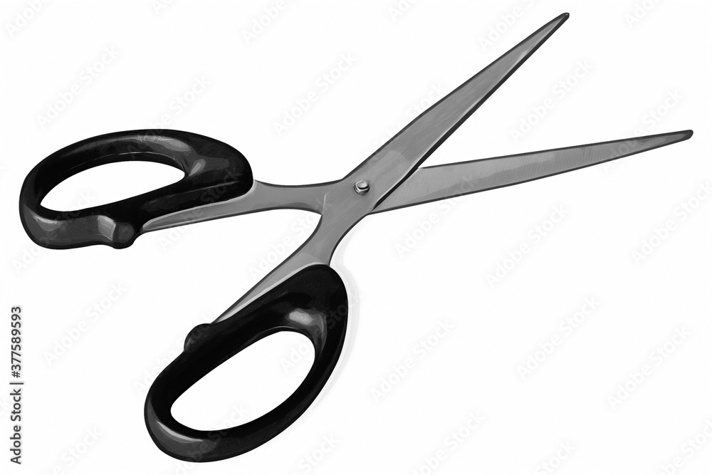Open scissors with black handles on white background, isolated. Open scissors with black handles on white background, isolated.