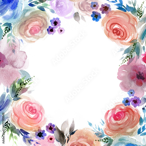Spring flowers. Pink flowers on white background. Romantic roses frame. Greeting card for Mother's Day, wedding, birthday, Easter, Valentine's Day. Pastel colors.