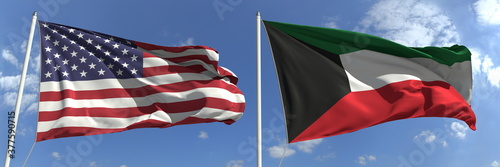 Flying flags of the USA and Kuwait on sky background, 3d rendering photo