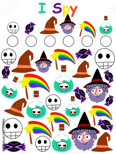 Halloween I spy game stock vector illustration. Find and calculate all skulls, candies, witch hats, wizards, wands and potions. How many visual counting children game vertical printable worksheet.