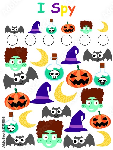 Halloween I spy game for kids stock vector illustration. Funny counting educational game. Math activity printable halloween worksheet with bats, witch hats, potions, pumpkins, zombies and moons.