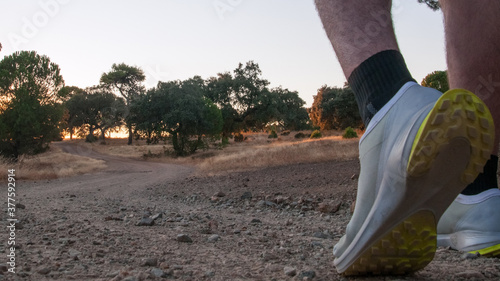 Senderimo con zapatillas de deporte en el campo con atardecer