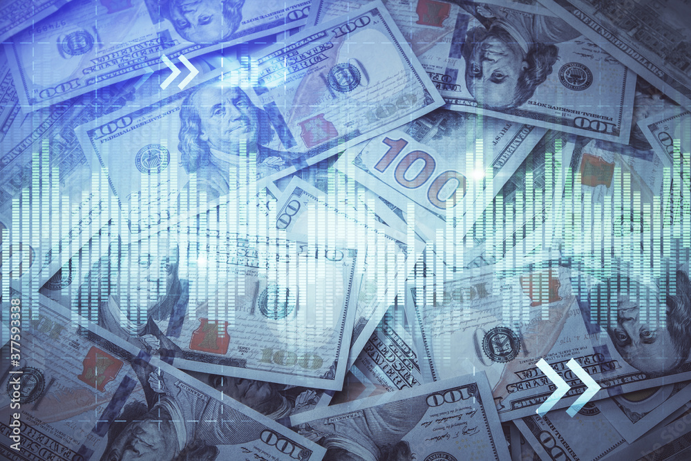 Fototapeta premium Double exposure of forex graph drawing over us dollars bill background. Concept of financial markets.