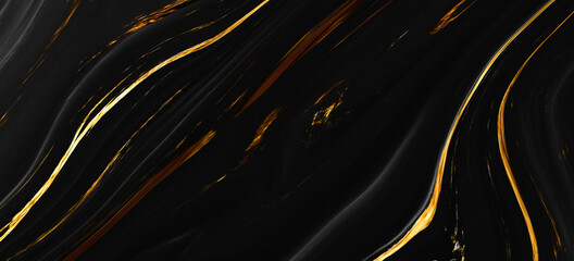 Monocolor alcohol ink marbling raster background. Liquid waves and stains. Black and gold abstract fluid art. Acrylic and oil paint flow monochrome contemporary backdrop, black marble with golden vein