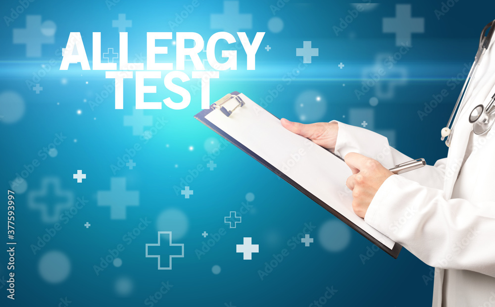 doctor writes notes on the clipboard with ALLERGY TEST inscription, first aid concept doctor writes notes on the clipboard with ALLERGY TEST inscription, first aid concept