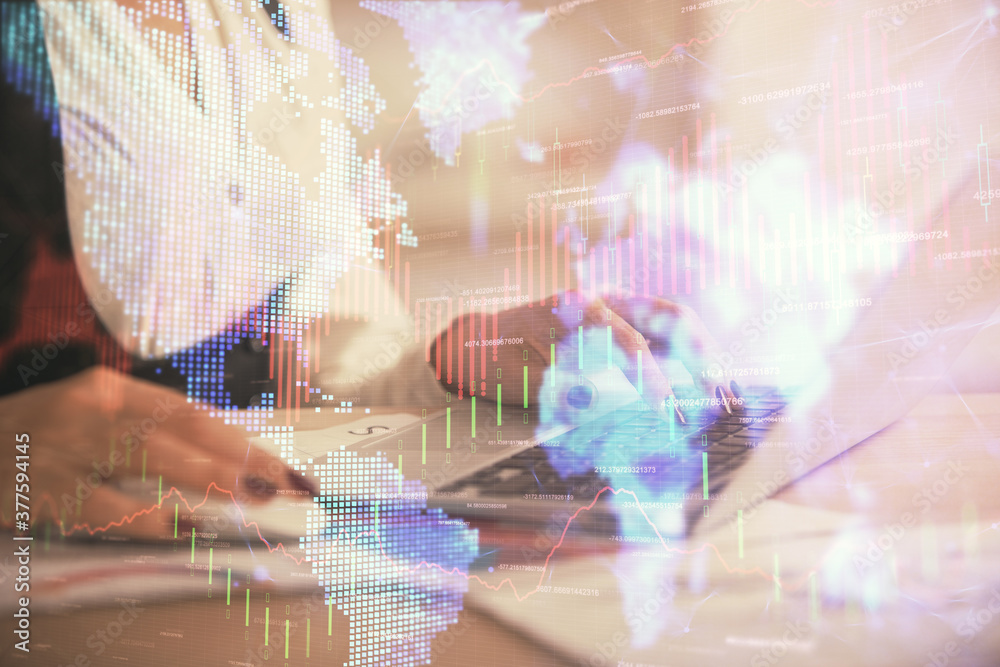 Double exposure of businesswoman hands typing on computer and forex graph hologram drawing. Financial analysis concept. Double exposure of businesswoman hands typing on computer and forex graph hologram drawing. Financial analysis concept.