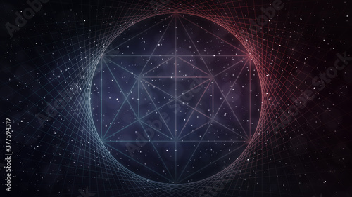 Obraz na plátně Blue and coral orange-red sacred geometry, space vortex background - abstract, l