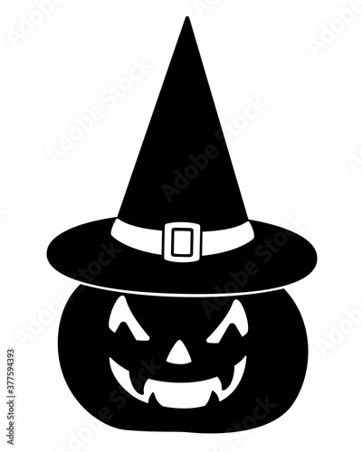 Pumpkin in a hat - black vector silhouette for pictogram or logo. Halloween pumpkin with carved face and witch hat sign or icon.