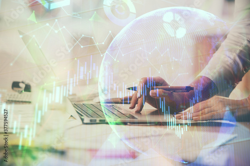 Wallpaper Mural Multi exposure of woman hands typing on computer and financial chart hologram drawing. Stock market analysis concept. Torontodigital.ca