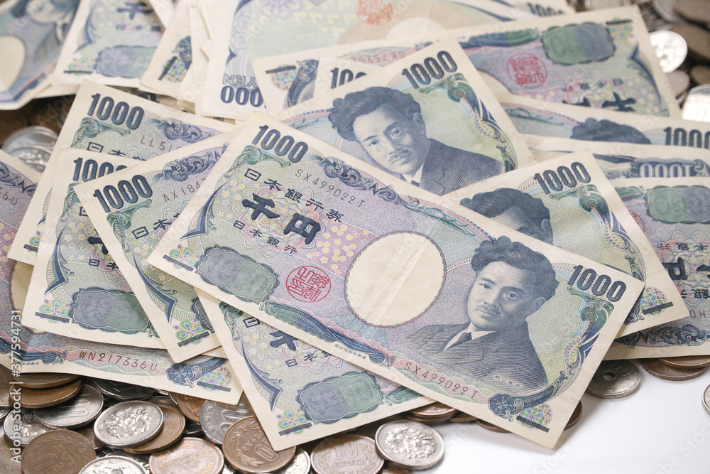日本円の千円札と貨幣の集合写真