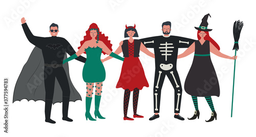 Halloween party. Young people in Halloween costumes stand together and hug. Vector illustration