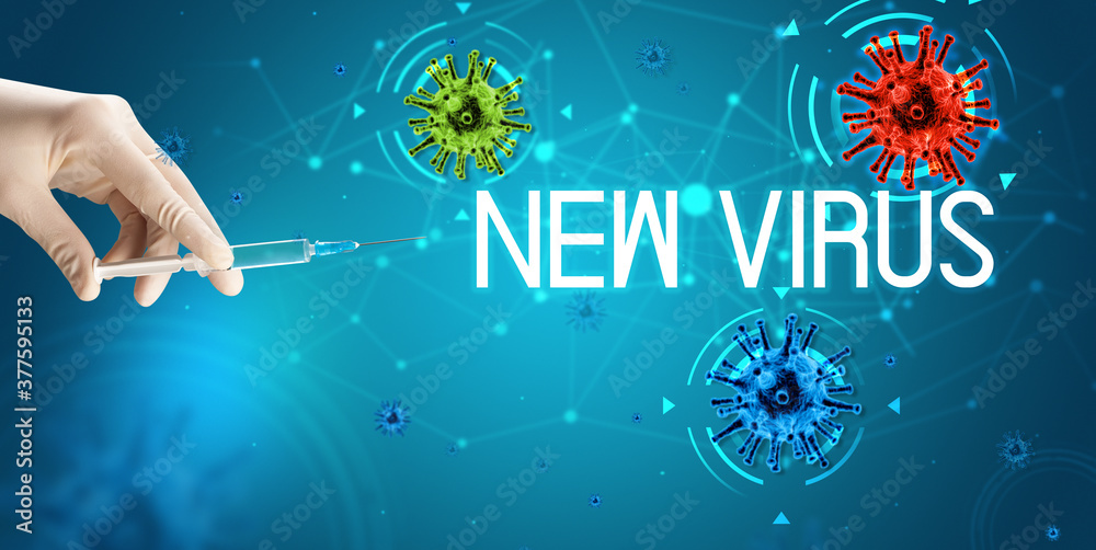 Syringe, medical injection in hand with NEW VIRUS inscription, coronavirus vaccine concept Syringe, medical injection in hand with NEW VIRUS inscription, coronavirus vaccine concept