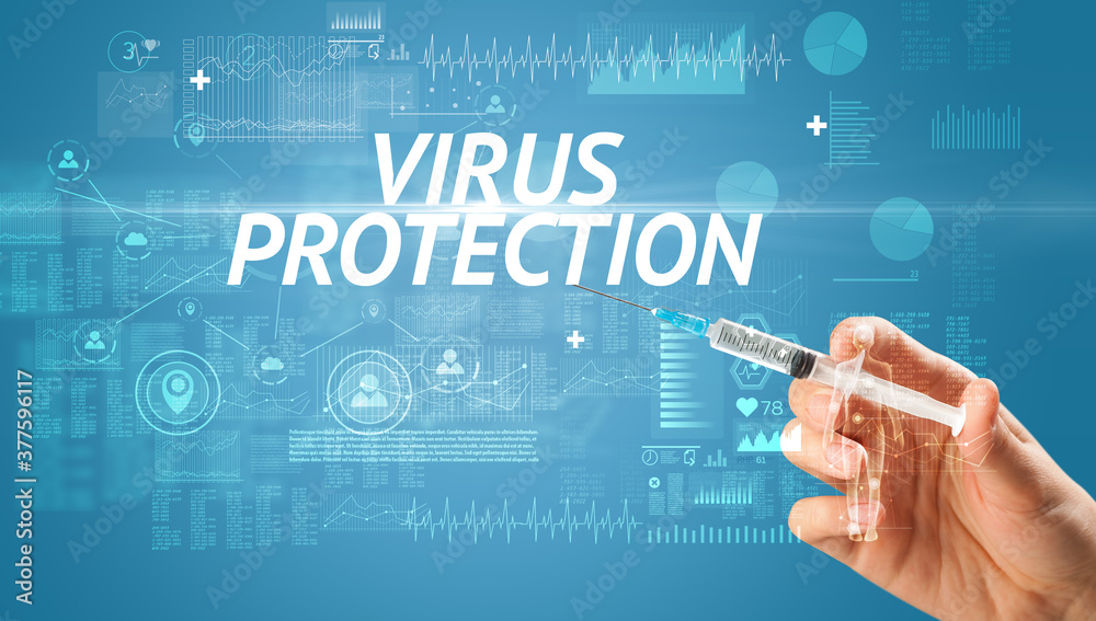 Syringe needle with virus vaccine and VIRUS PROTECTION inscription, antidote concept