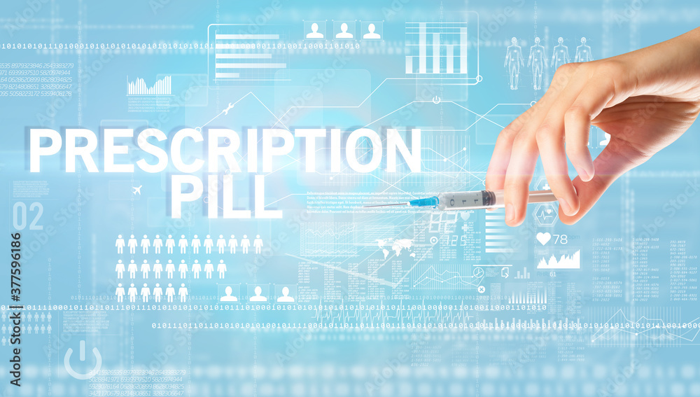 Close-up view of doctor's hand in a white glove holding syringe with PRESCRIPTION PILL inscription, healthcare and medical concept Close-up view of doctor's hand in a white glove holding syringe with PRESCRIPTION PILL inscription, healthcare and medical concept