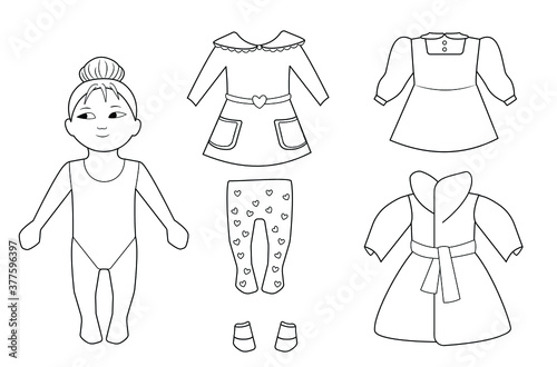 Vector set: paper doll and collection of vintage outfits, dress up template for coloring. Educational and creativity toy