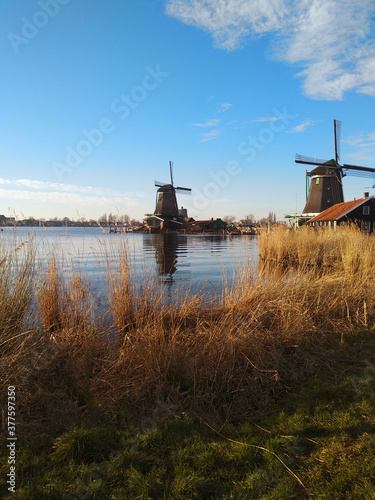 beautiful panorama of Zaanse Scans in the Netherlands. Windmills on ponds and streams © Alessia