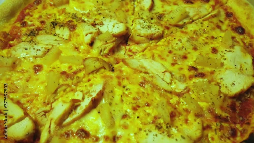 Pizza delivery to the office. Pizza chicken pineapple. Pizza in a box. Homemade pizza delivery. Fast food party. View from above Pizza delivery to the office. Pizza chicken pineapple. Pizza in a box. Homemade pizza delivery. Fast food party. View from above