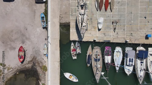 Drone shot over a marina in Thessaloniki, Greece during summer