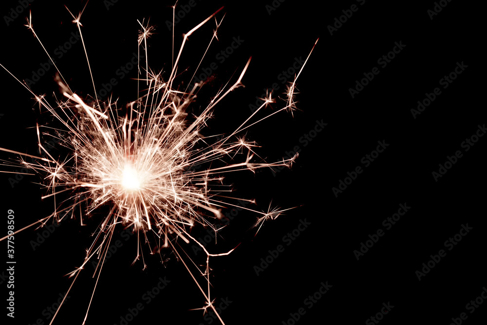 A closeup of a sparkler burning fiercely. Detailed sparks fly in all directions. Black background.