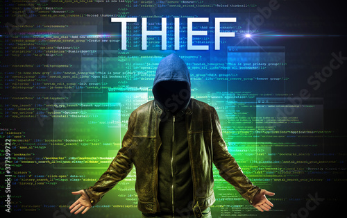 Faceless hacker with THIEF inscription on a binary code background