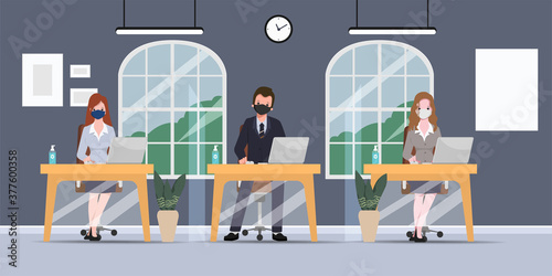 Business office people maintain social distancing office room. Stop covid19 coronavirus. New normal lifestyle in job.