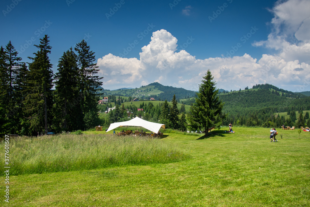 Relaxation area Tihuța Retreat from Piatra Fântânele  near Dracula's castle,Bistrita, Romania, 2020