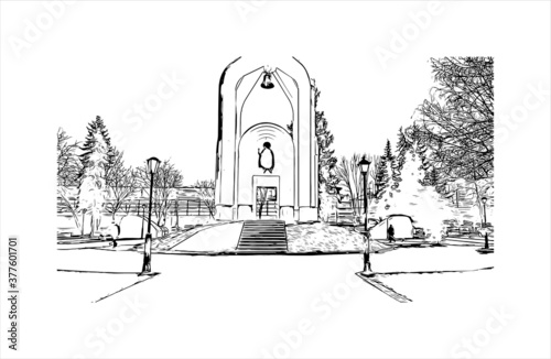Building view with landmark of Balashikha is a city in Moscow Oblast, Russia, located on the Pekhorka River 1 kilometer east of the Moscow. Hand drawn sketch illustration in vector.