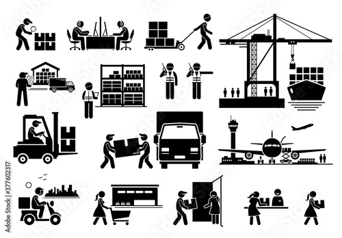 Logistic and shipping of import and export industry icons set. Vector illustrations of stocks, warehouse, freighter, transportation, distribution, and courier delivery services.